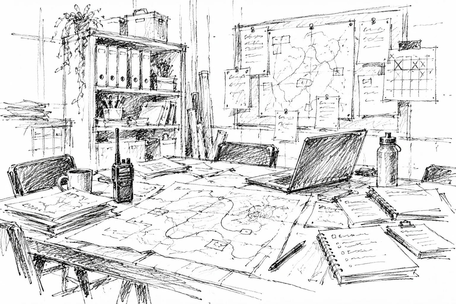 Graphitzeichnung eines Planungstischs mit Karten, Notizen und Unterlagen